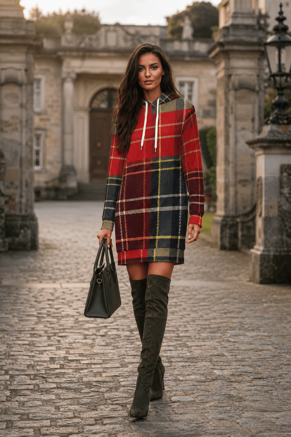 Tartan Chic Hoodie Dress in Red & Dark Grey Stylish Casual Evening Outfit