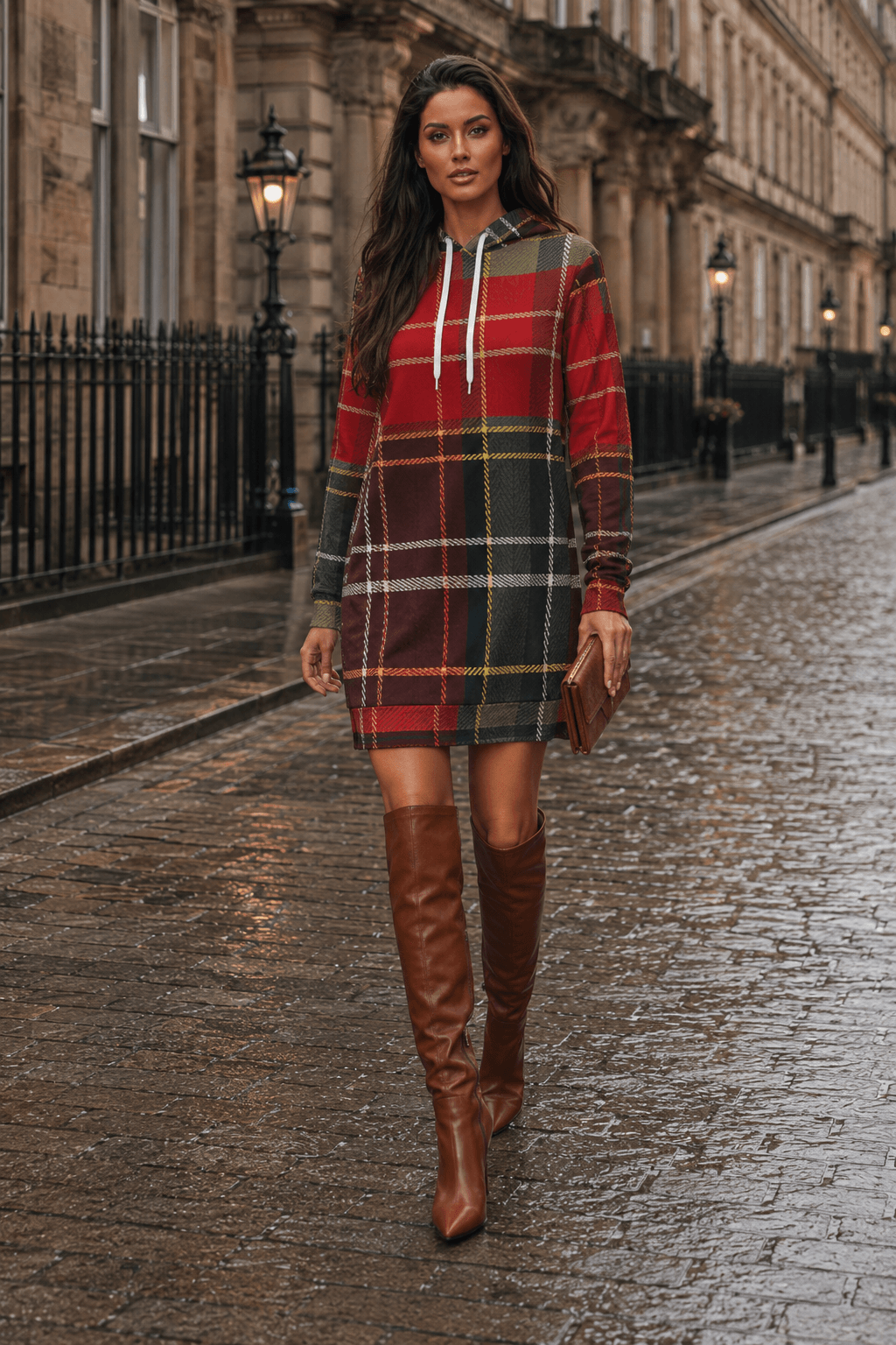 Tartan Chic Hoodie Dress in Red & Dark Grey Stylish Outfit for Elegant Evening Wear