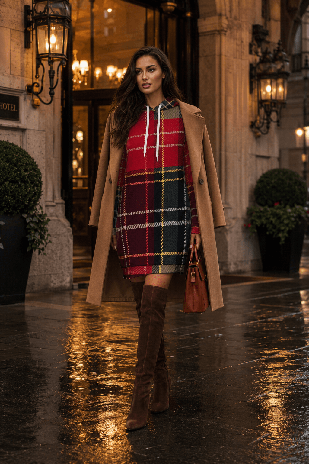 Tartan Chic hoodie dress in Red & Dark Grey stylish outfit with elegant evening look