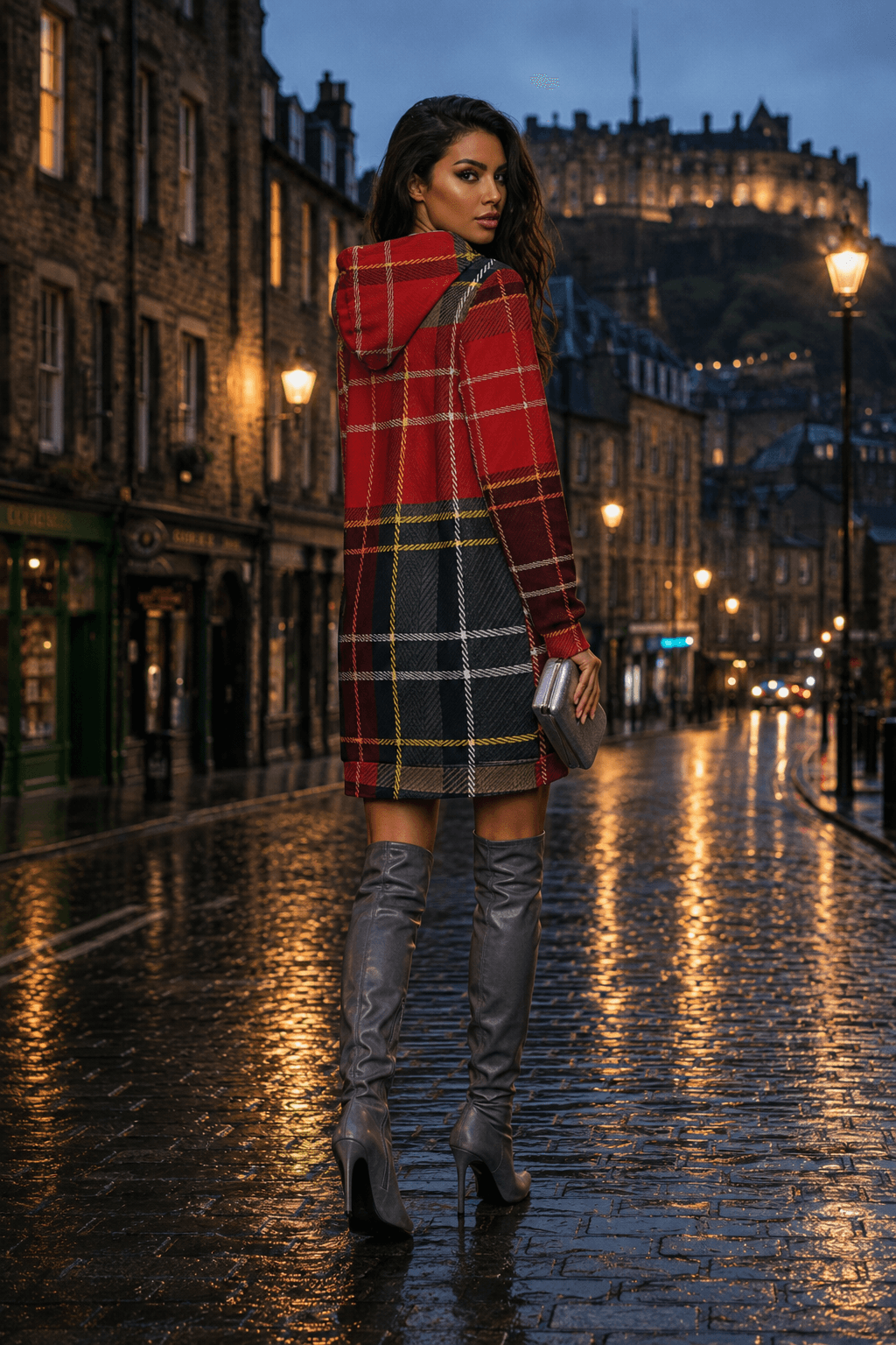 Tartan Chic hoodie dress in Red & Dark Grey stylish outfit for elegant evening wear