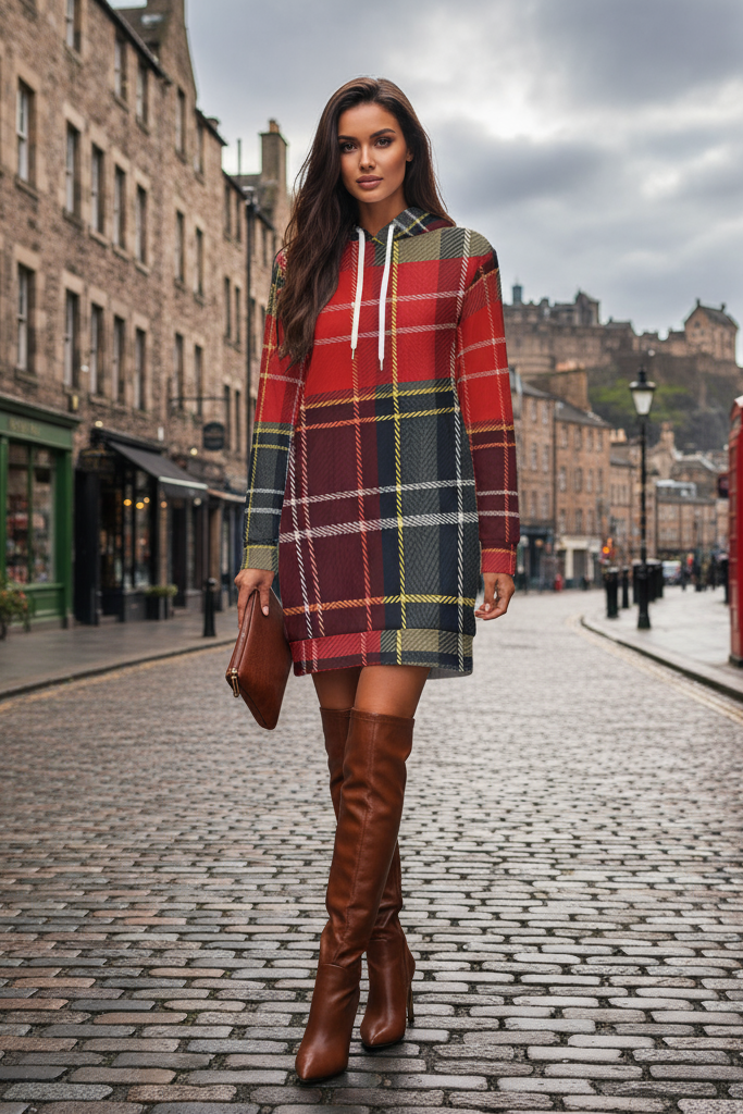 "Scottish heritage hoodie dress - full length view showing cozy winter comfort wear"