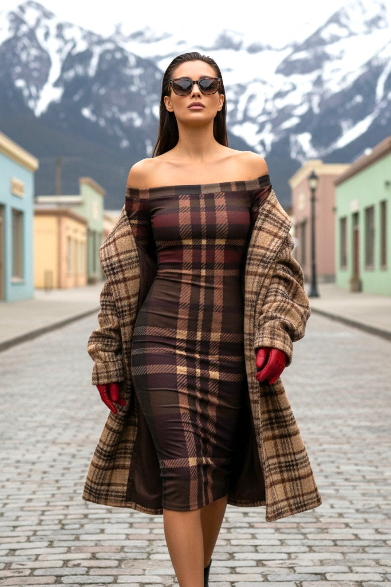Woman wearing Tara Tartan off-the-shoulder long sleeve midi wrap dress
