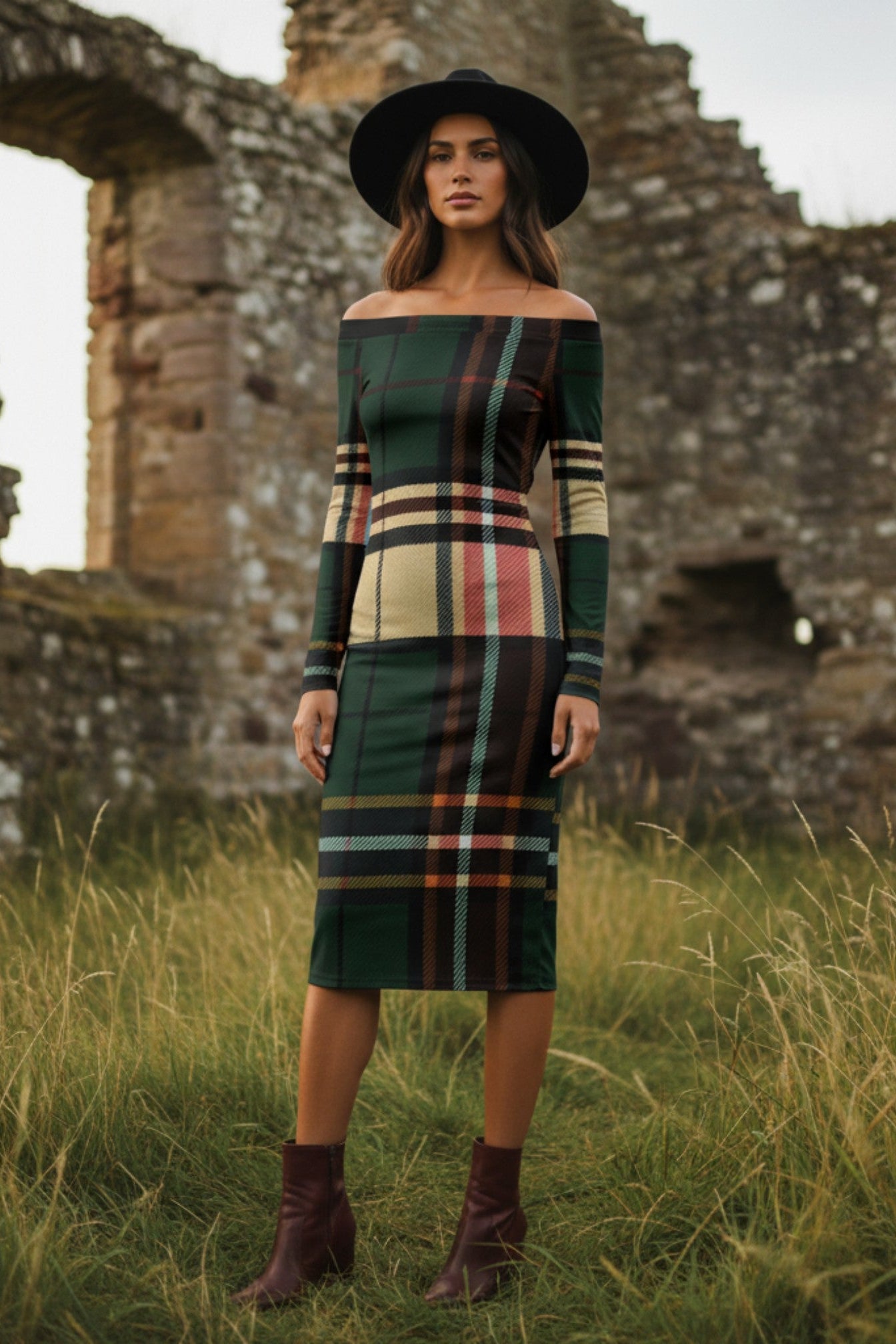 Elegant Aonghas Tartan Off-The-Shoulder Long Sleeve Midi Dress by Angelic Blessings Shop