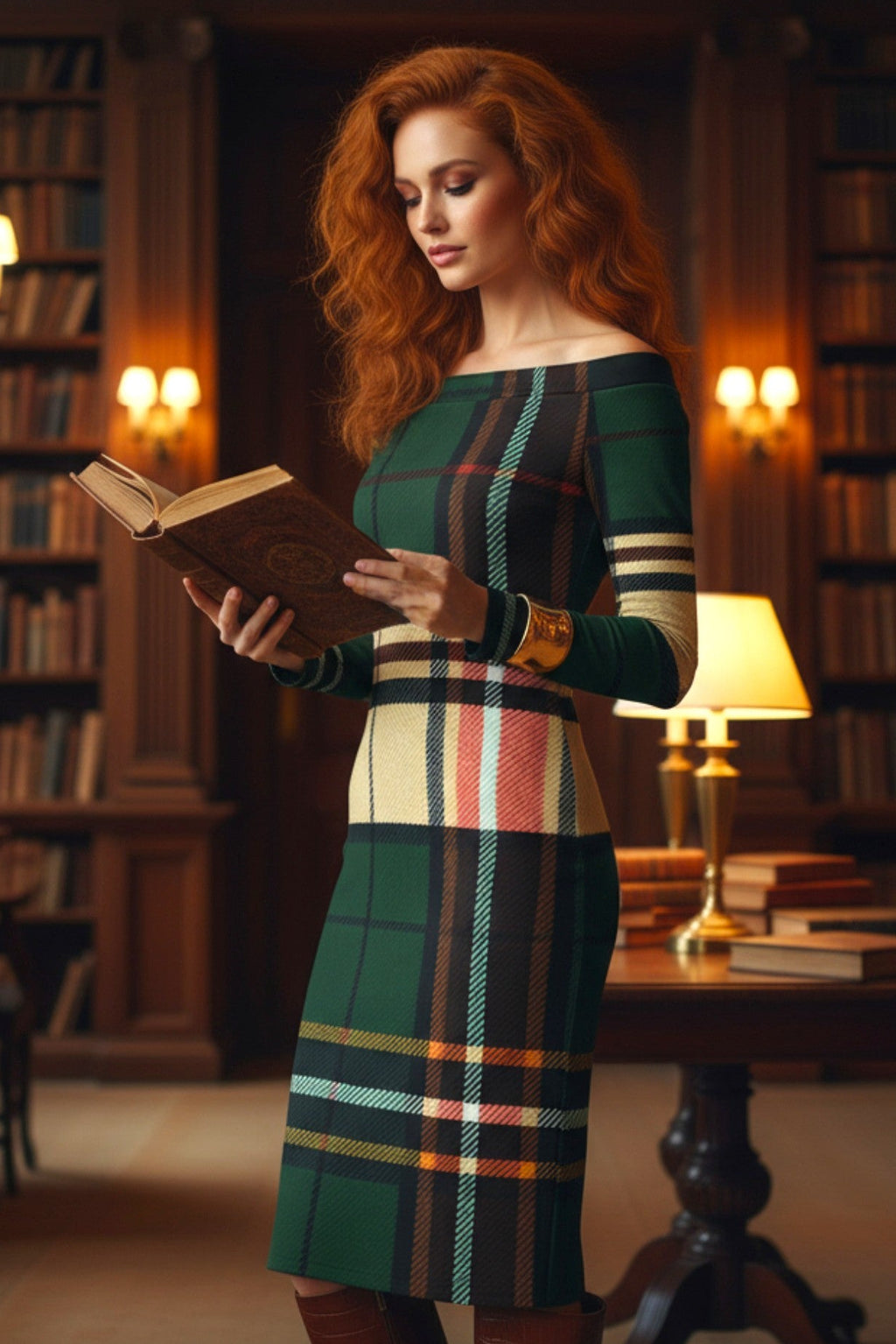 Elegant green tartan plaid off-shoulder midi dress – formal women’s wear