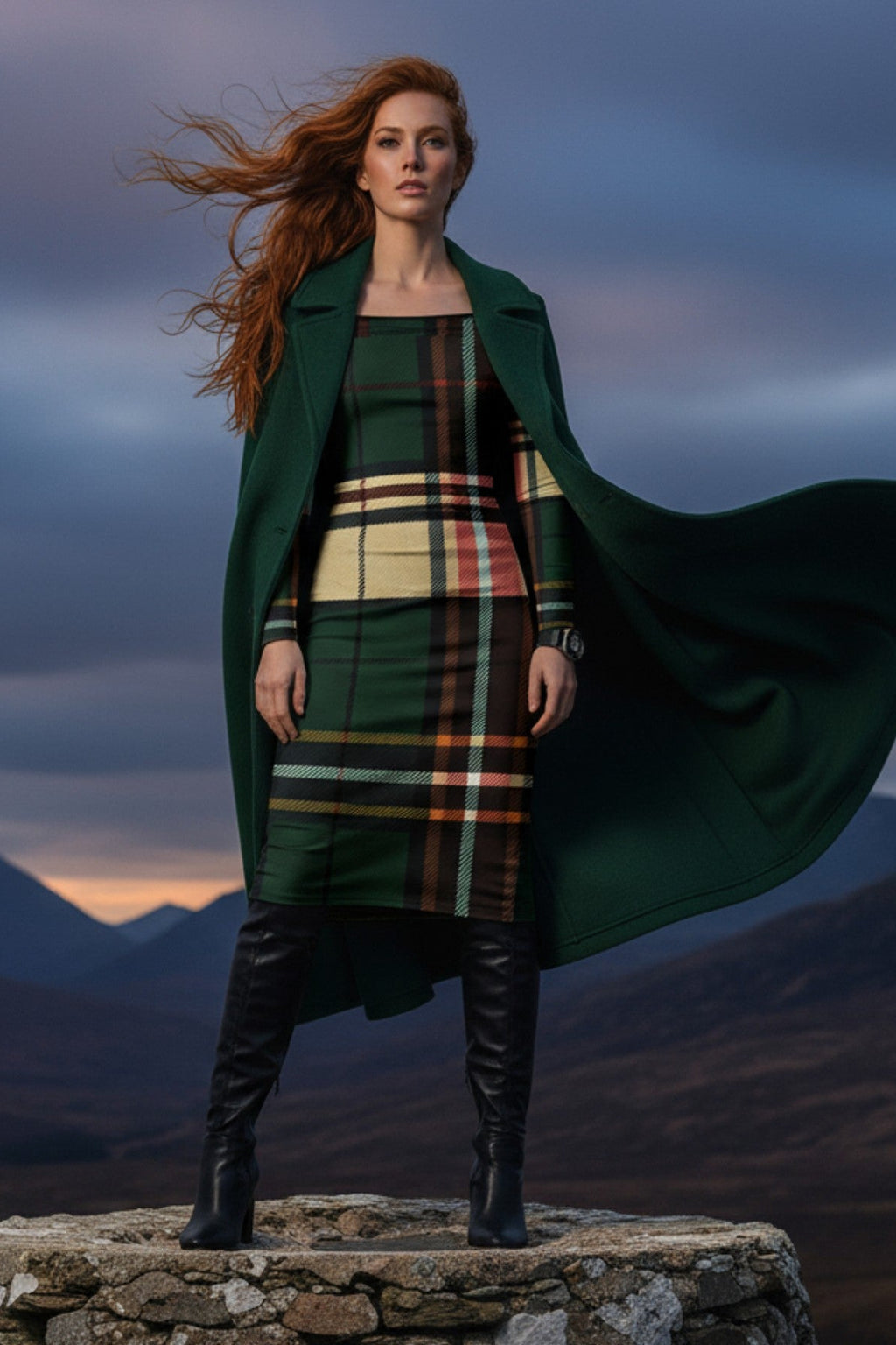 Woman wearing tartan off the shoulder midi dress with green long coat and black boots on stone platform