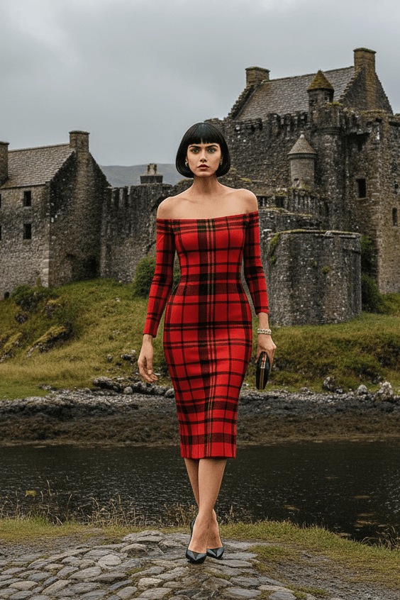 Woman wearing Tioram Red Tartan dress off shoulder bodycon dress from Angelic Blessings Shop in scenic Highlands Fashion setting