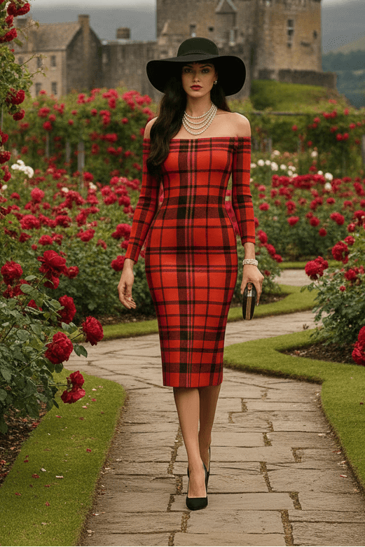 Model wearing Tioram Red Tartan dress off shoulder bodycon dress from Angelic Blessings Shop in a garden with castle background Highlands Fashion