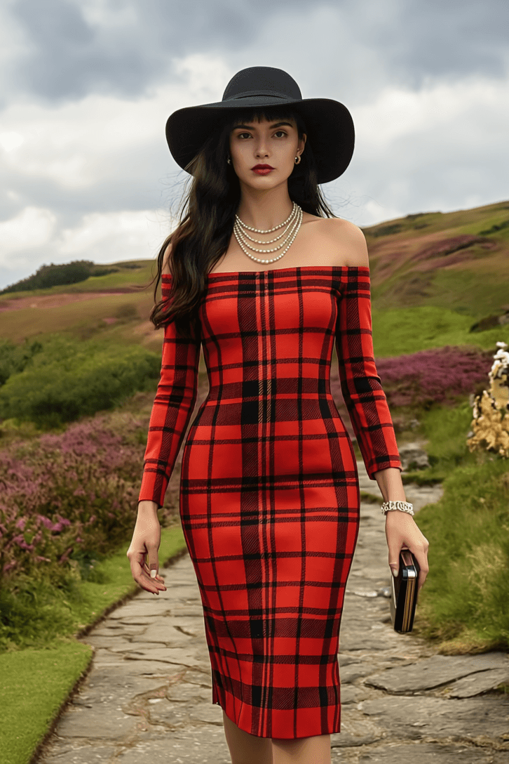 Woman wearing Tioram Red Tartan dress off shoulder bodycon dress from Angelic Blessings Shop in Highlands Fashion outdoors