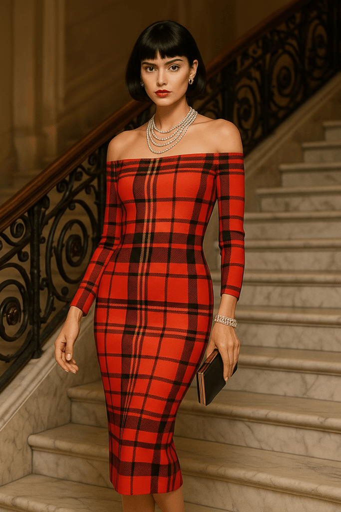 Tioram Red Tartan dress off shoulder bodycon dress styled in Highlands Fashion on model by Angelic Blessings Shop