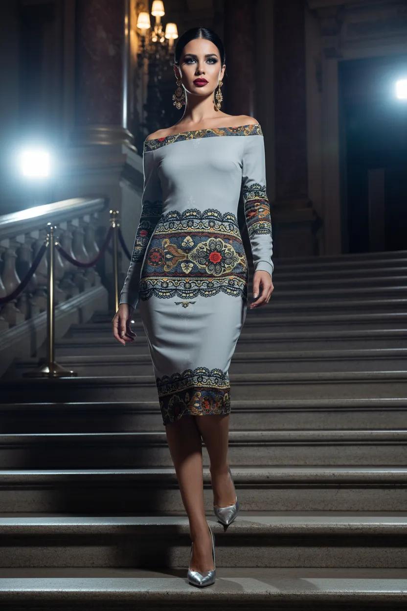 Tsarina Noire Off-The-Shoulder Wrap Dress Elegant Evening Outfit with Long Sleeves