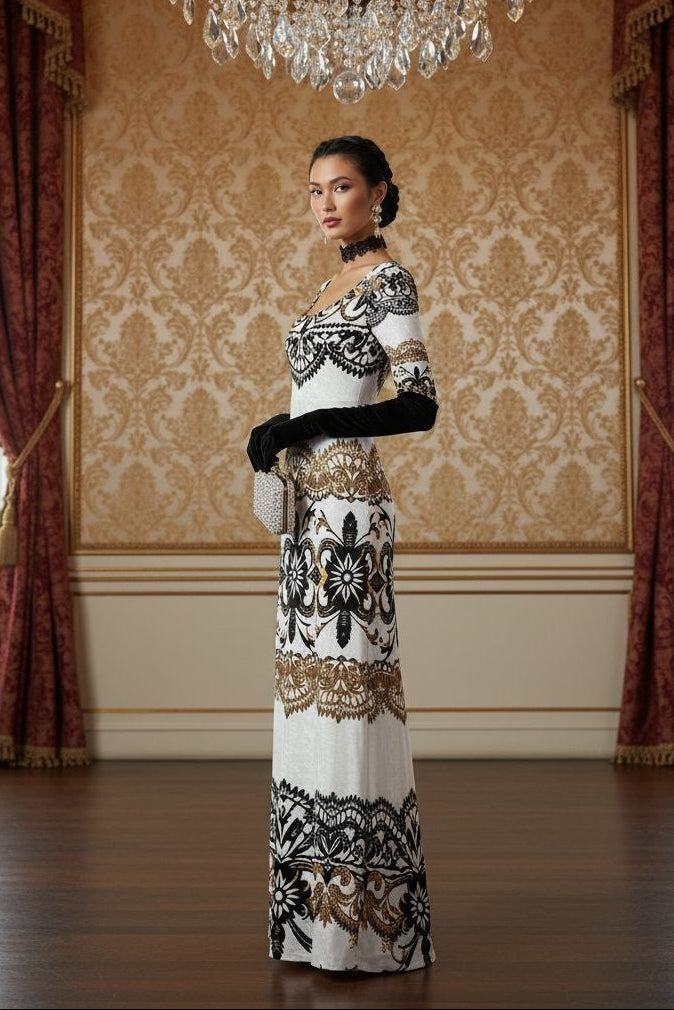 Velora Velvet Shine Long Sleeve Maxi Dress Elegant Baroque Evening Gown XS–6XL worn by model in a luxurious room
