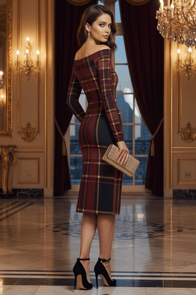 Angelic Blessings Shop tartan dress in dark red plaid fitted midi style with long sleeves and off-shoulder design