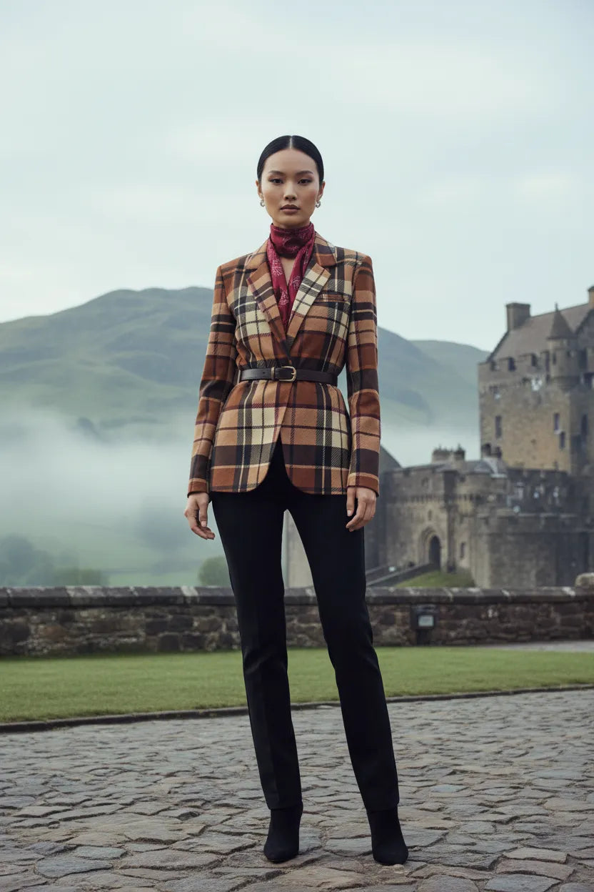Brown tartan women's blazer from Angelic Blessings Shop worn with black pants and a red top outdoors