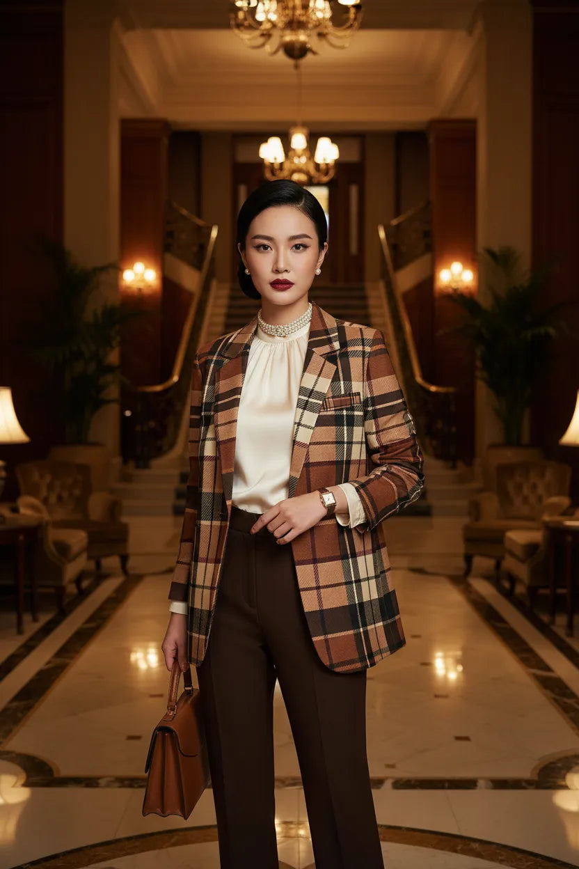 Brown tartan women's blazer styled with cream blouse and dark brown pants in elegant indoor setting