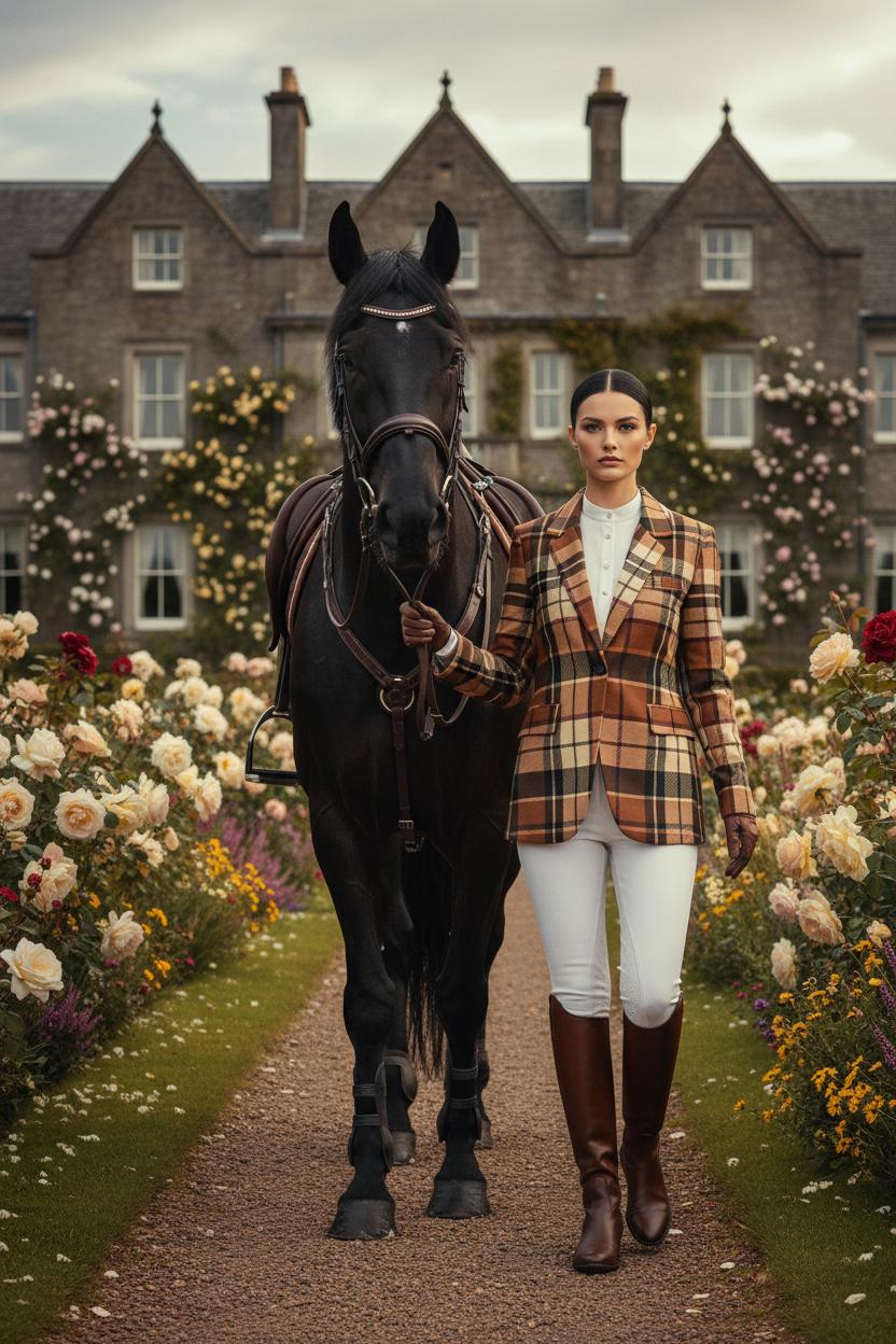 Woman wearing a brown tartan women's blazer standing next to a black horse in a garden path