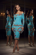Angelic Blessings ice blue off-shoulder wrap dress with floral pattern and long sleeves worn with metallic heels