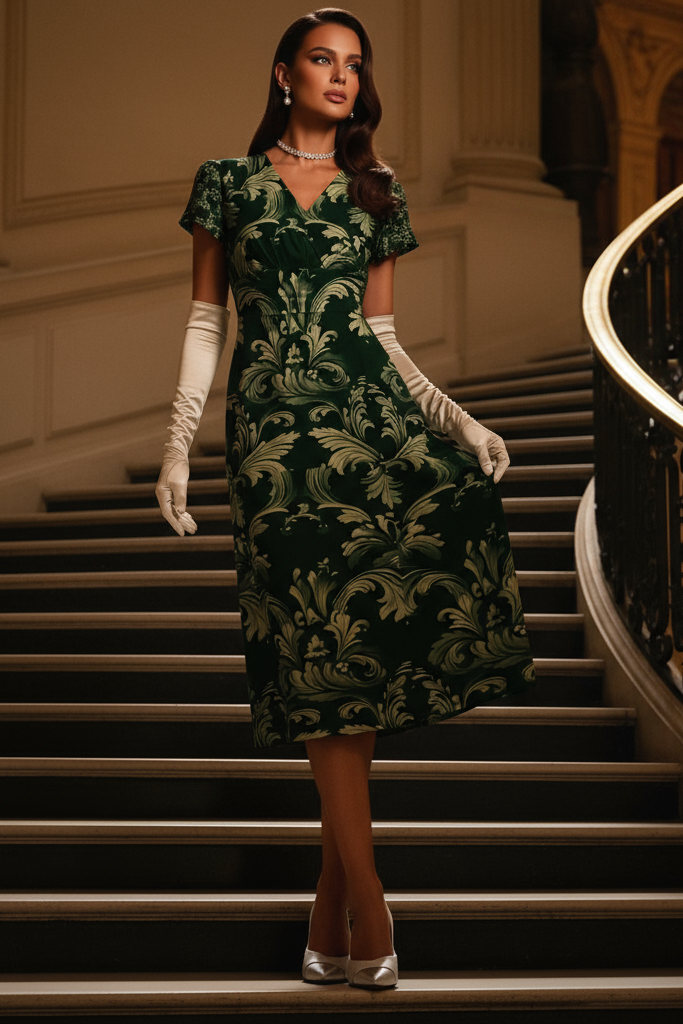Model wearing a Victorian damask midi dress in green with white gloves on elegant staircase