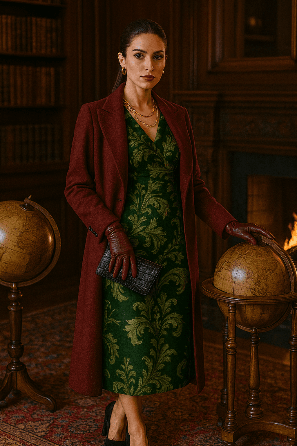 Woman wearing Victorian damask midi dress in green with gold pattern and burgundy coat in classic library setting