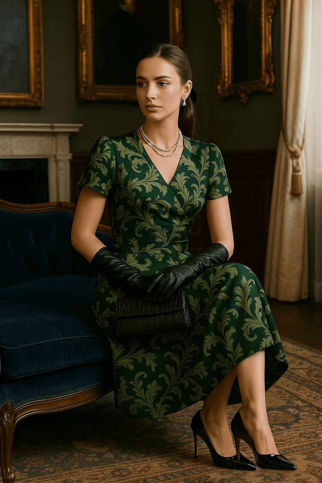 Elegant Victorian damask midi dress in green and gold worn with black gloves and heels by Angelic Blessings Shop