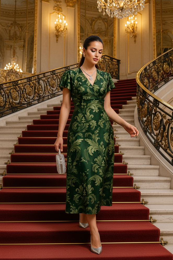 Woman wearing a green Victorian damask midi dress walking down ornate staircase with chandeliers