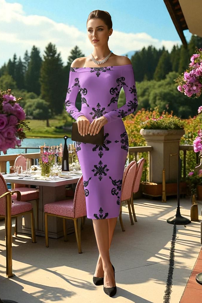 Elegant Victorian violet off-shoulder dress with black floral pattern worn at outdoor luxury dining setting