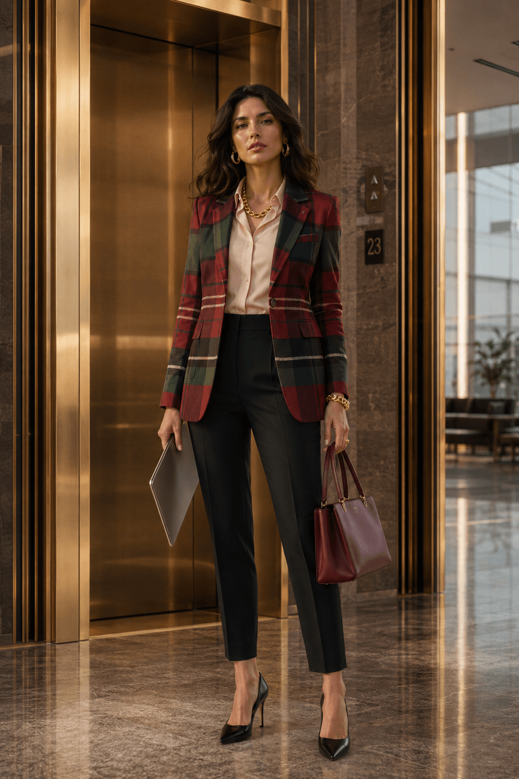 Back view of a heritage-style tartan jacket with high-quality stitching, sustainably crafted-to-order to eliminate fashion waste.