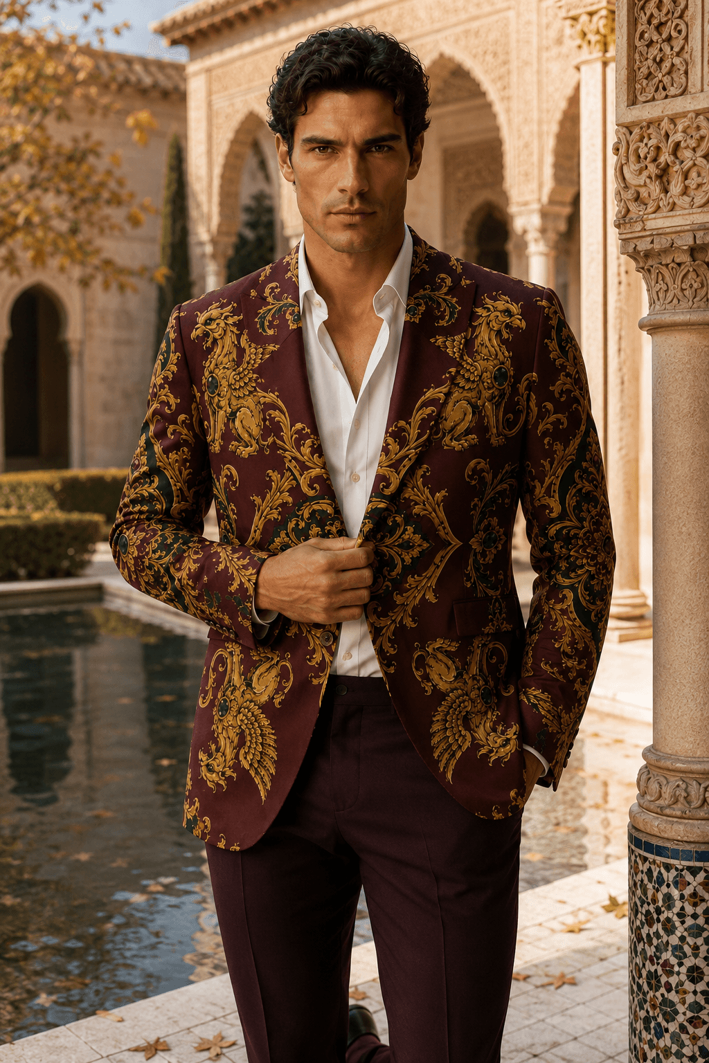 Elegant male model posing outdoors wearing a vintage luxury aesthetic burgundy blazer with gold ancient metalwork pattern.