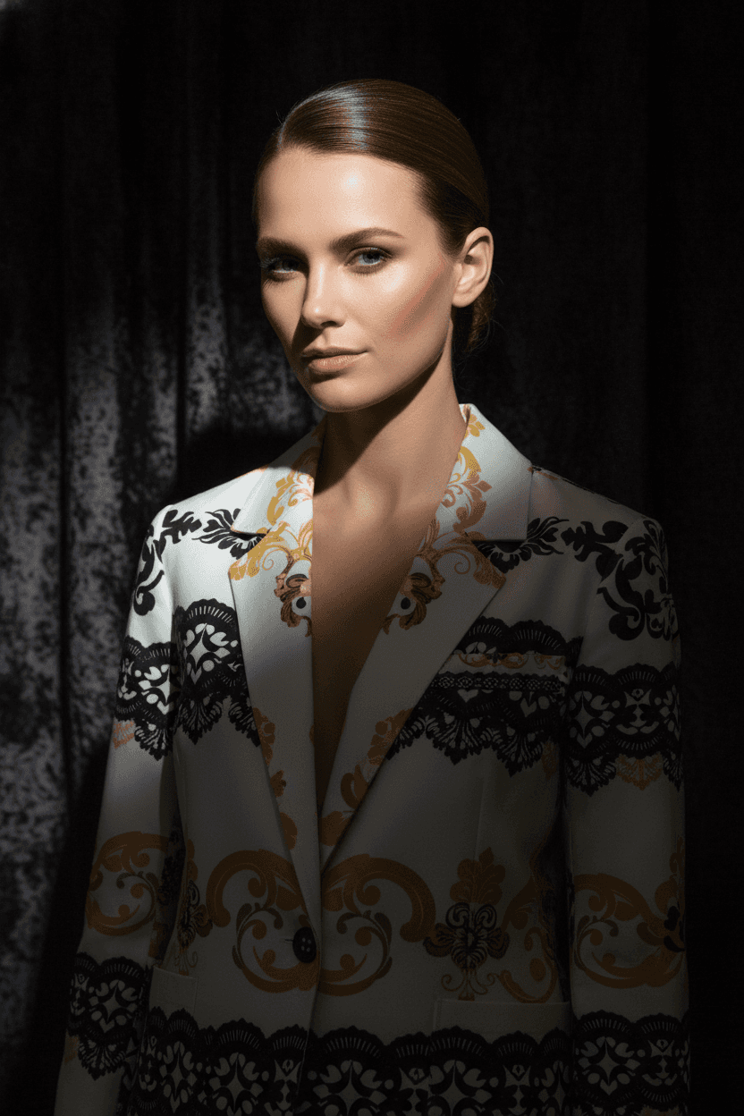White and black cotton blazer for women with intricate gold and black patterns from Angelic Blessings Shop
