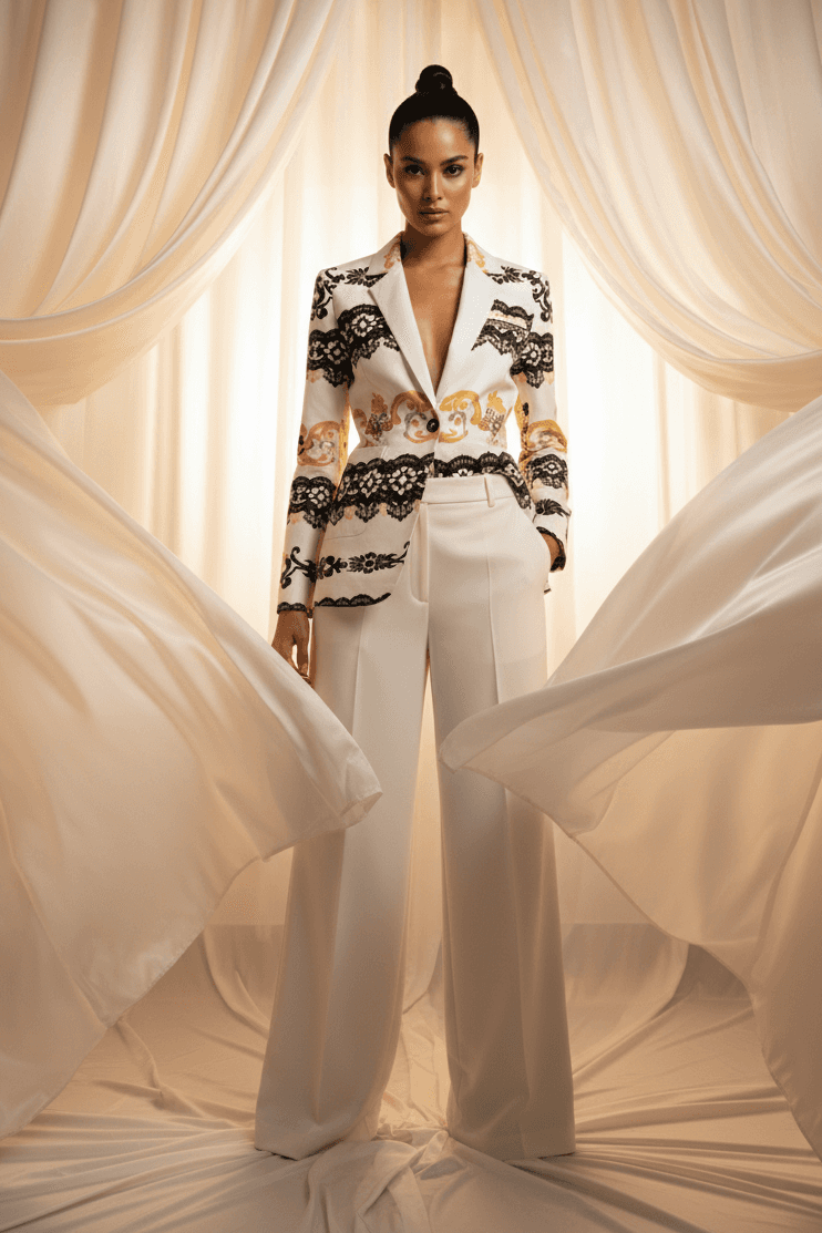 White and black cotton blazer for women with gold patterns paired with white wide-leg pants