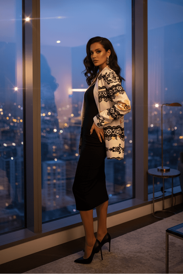 Woman wearing white and black cotton blazer for women over black dress in modern high-rise apartment