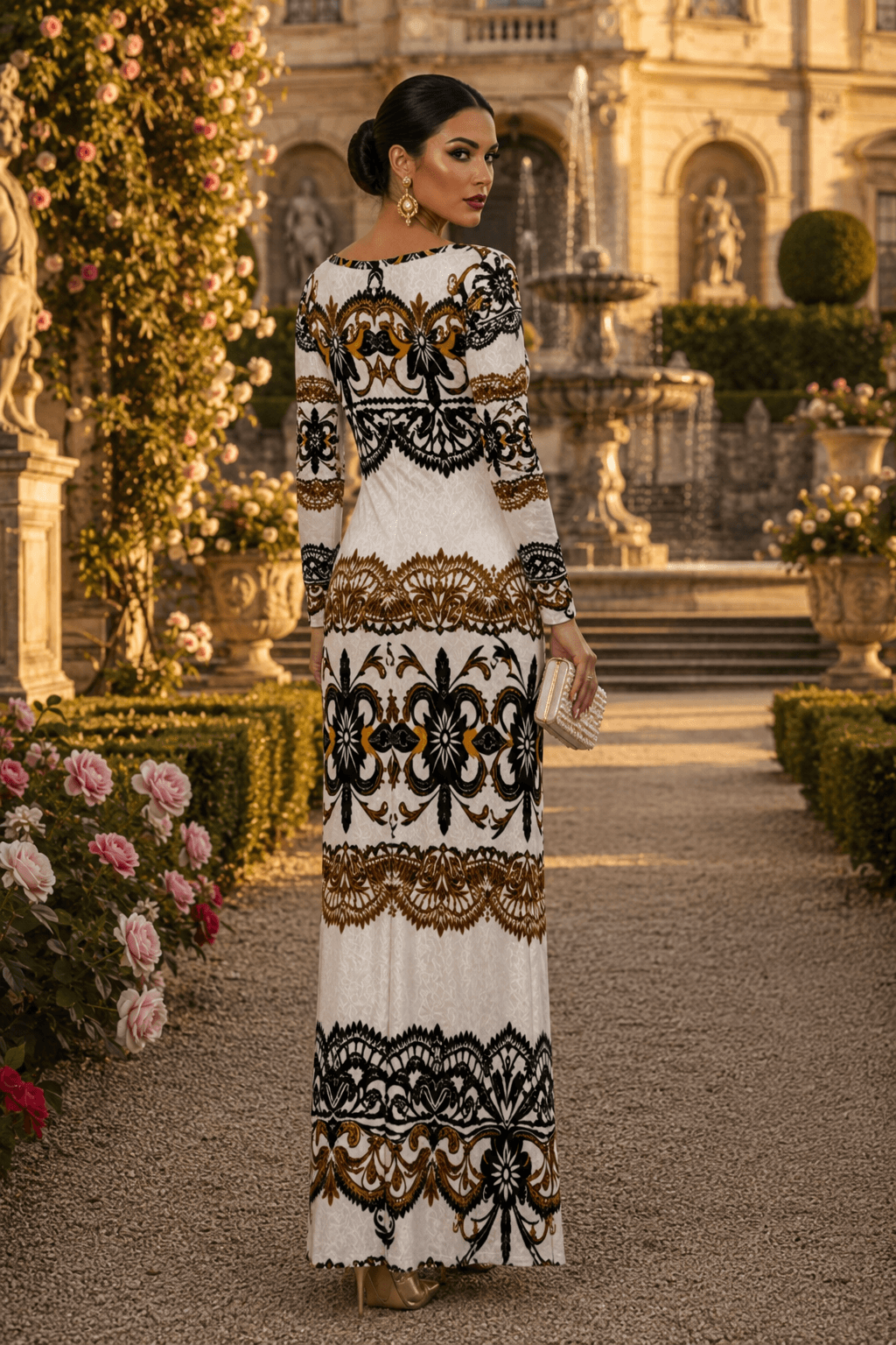 White and Black Velvet maxi dress elegant evening outfit with intricate patterns