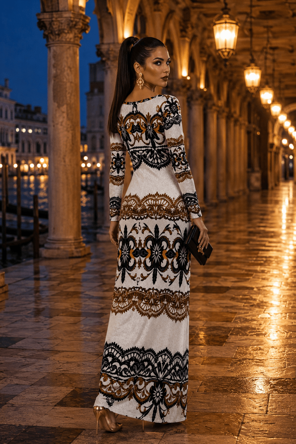 White and Black Velvet maxi dress Elegant Evening Outfit with Ornate Pattern