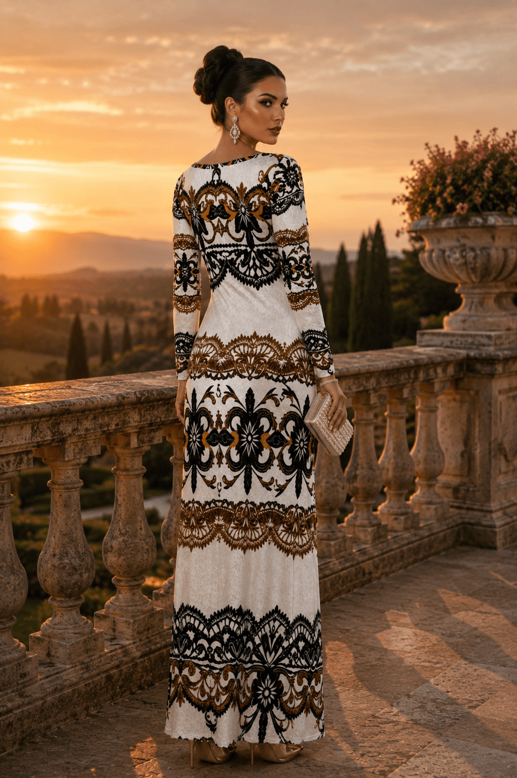 White and Black Velvet maxi dress elegant evening outfit with intricate patterns and long sleeves