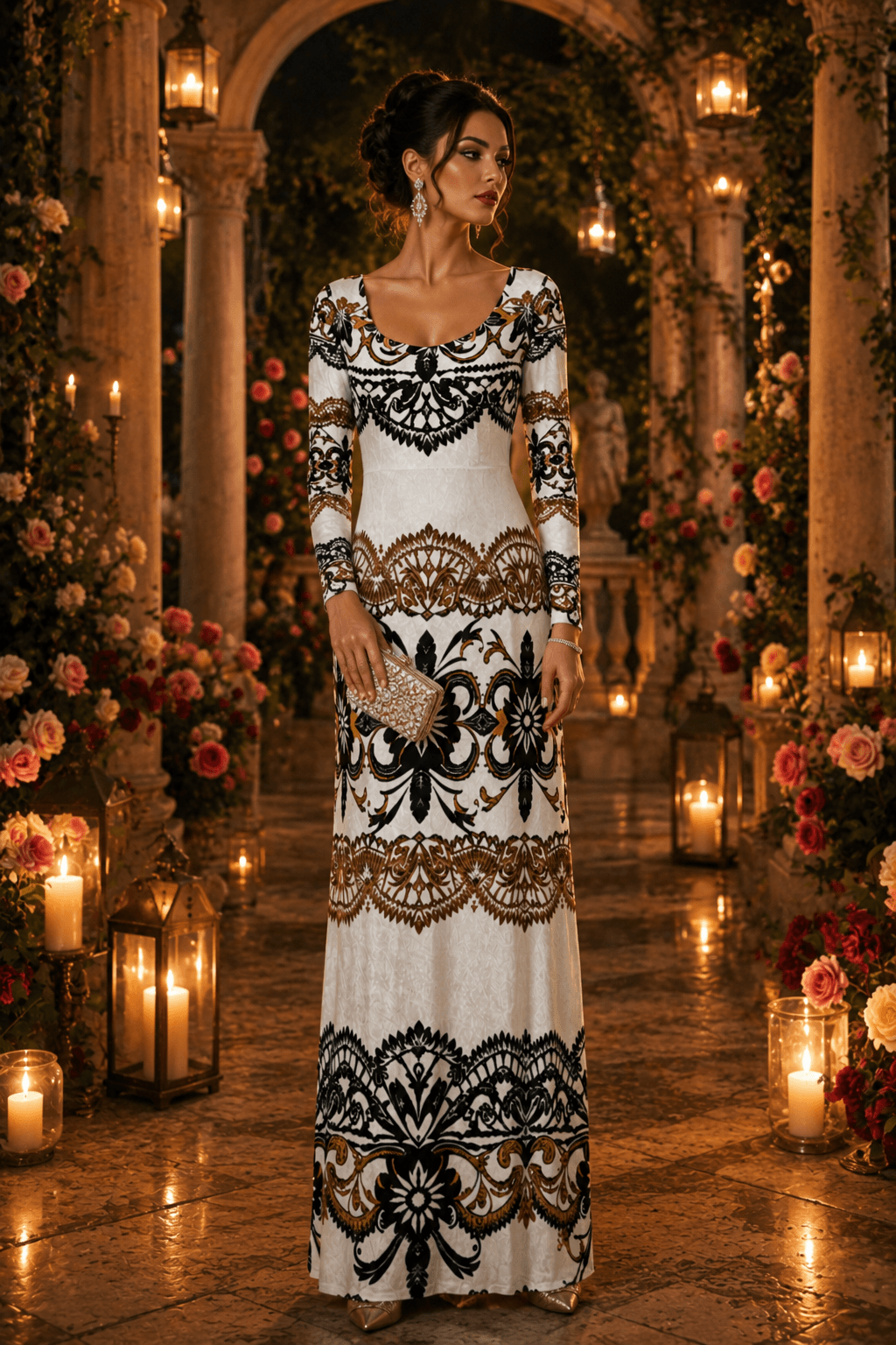 White And Black Velvet Maxi Dress Elegant Evening Outfit Long Sleeve Formal
