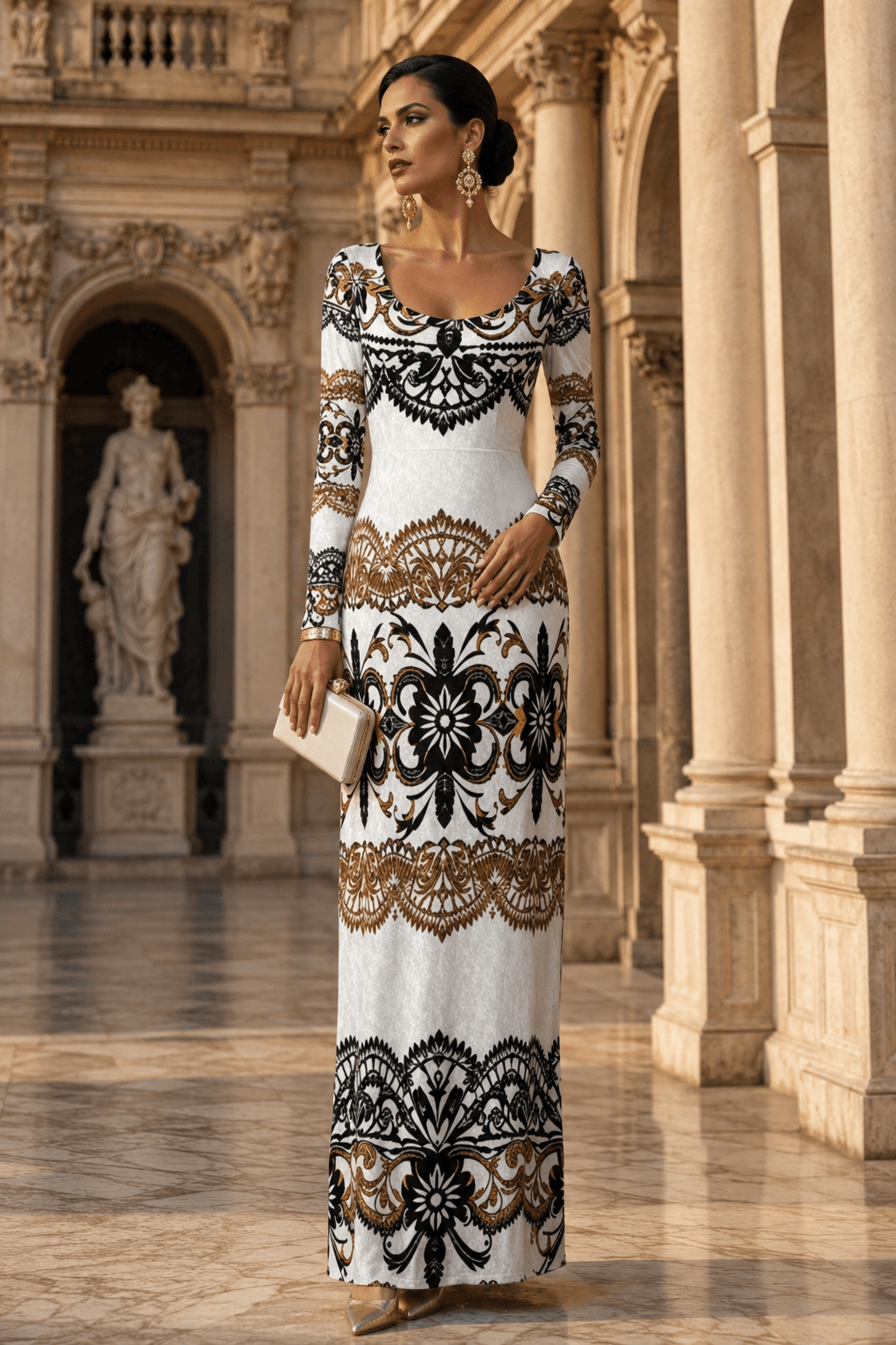White and Black Velvet Maxi Dress Elegant Evening Outfit Formal Long Sleeve