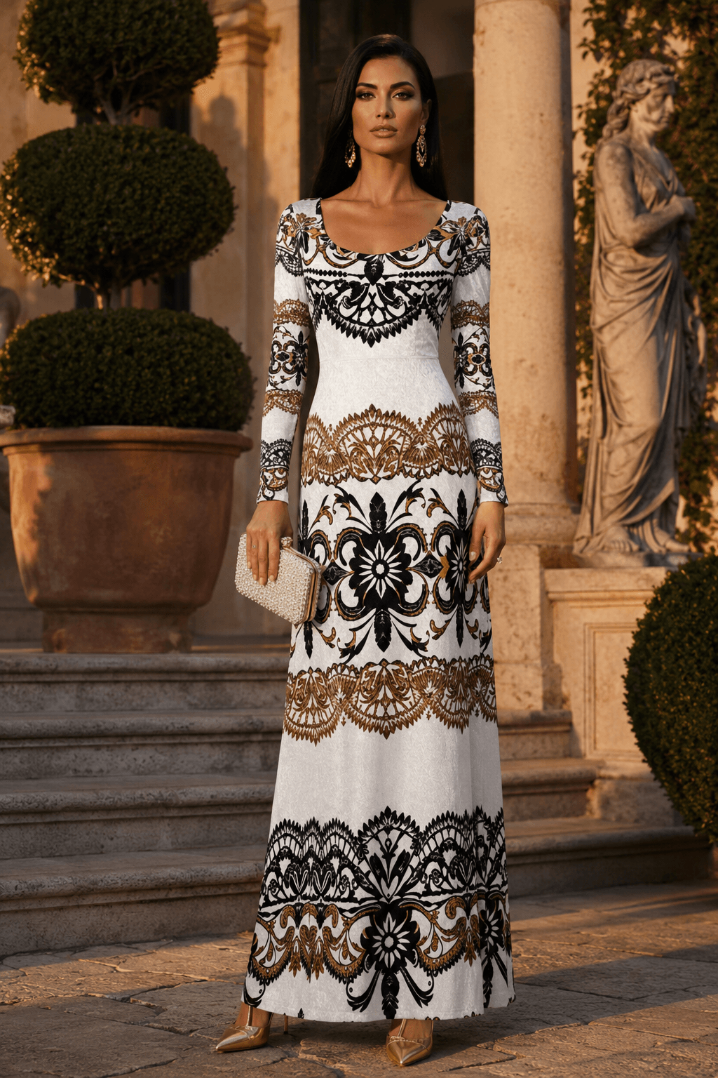 White and Black Velvet Maxi Dress Elegant Evening Outfit with Long Sleeves