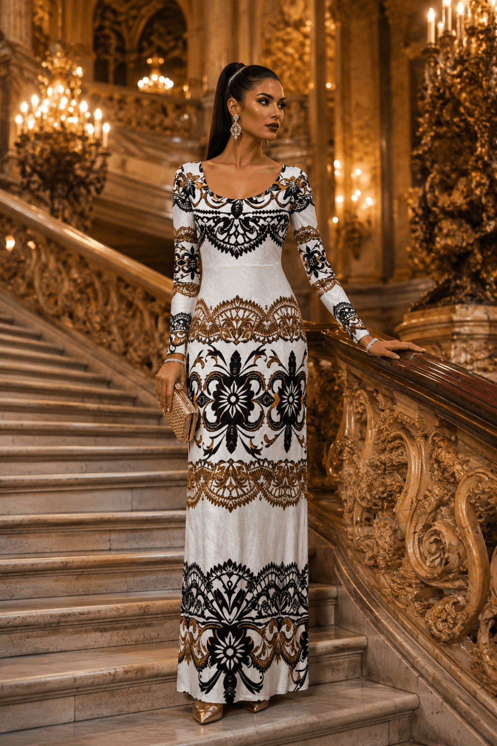 White and Black Velvet Maxi Dress Elegant Evening Outfit Long Sleeve Formal Gown