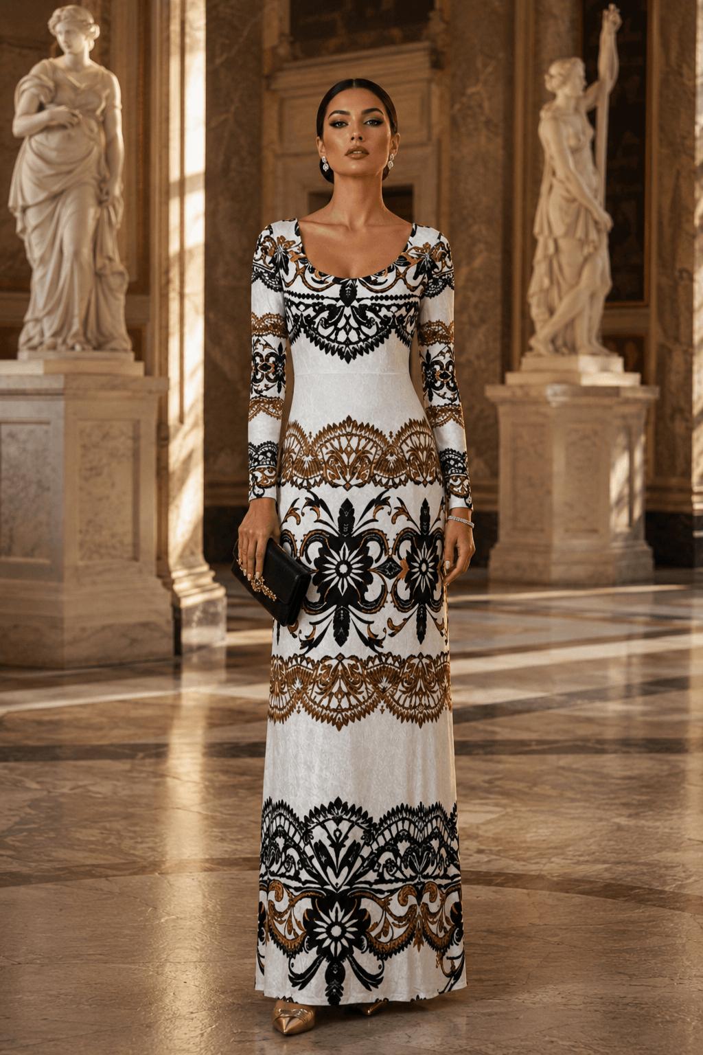 White and Black Velvet maxi dress Elegant evening outfit with intricate patterns