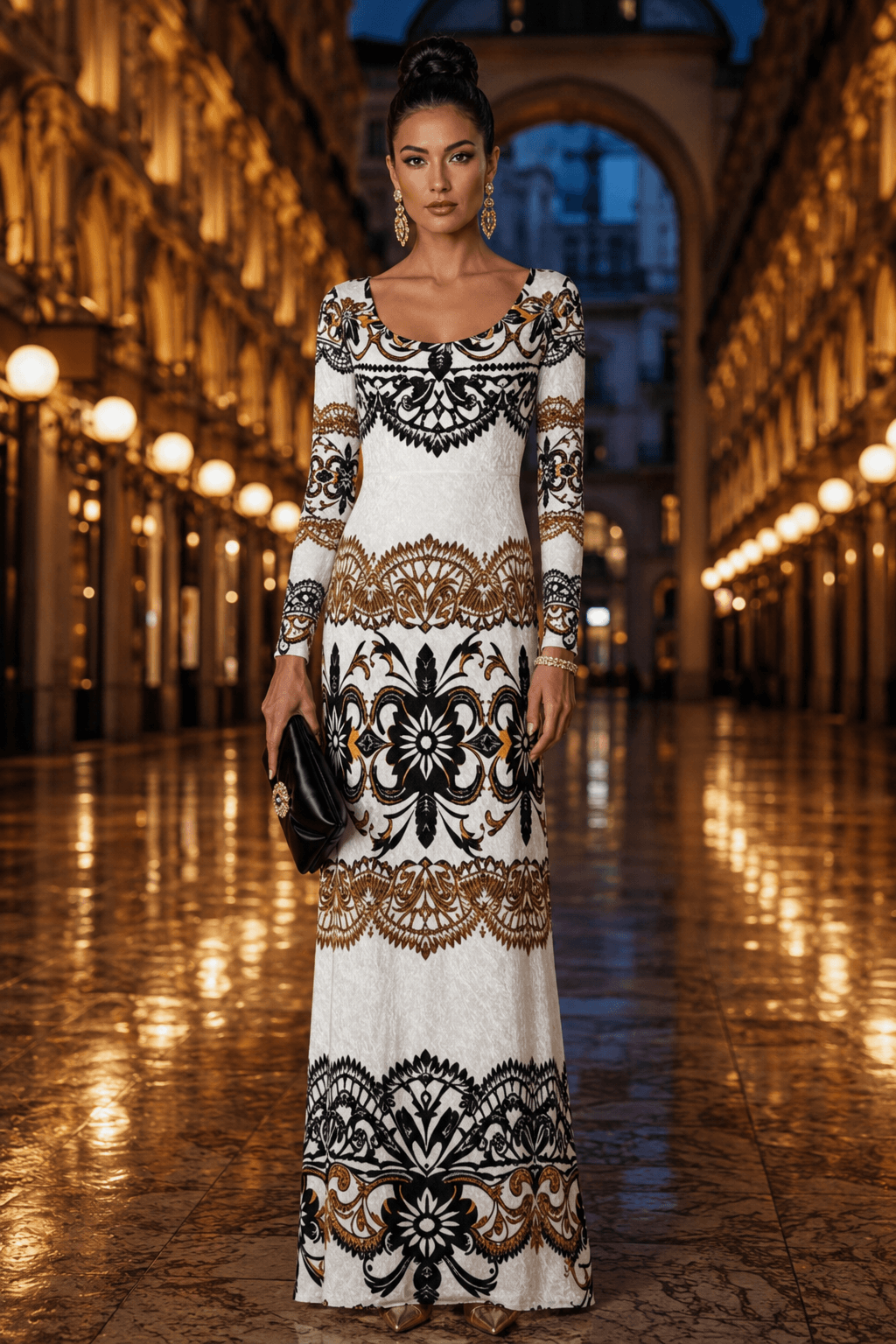 White and Black Velvet Maxi Dress Elegant Evening Outfit with Long Sleeves and Intricate Patterns