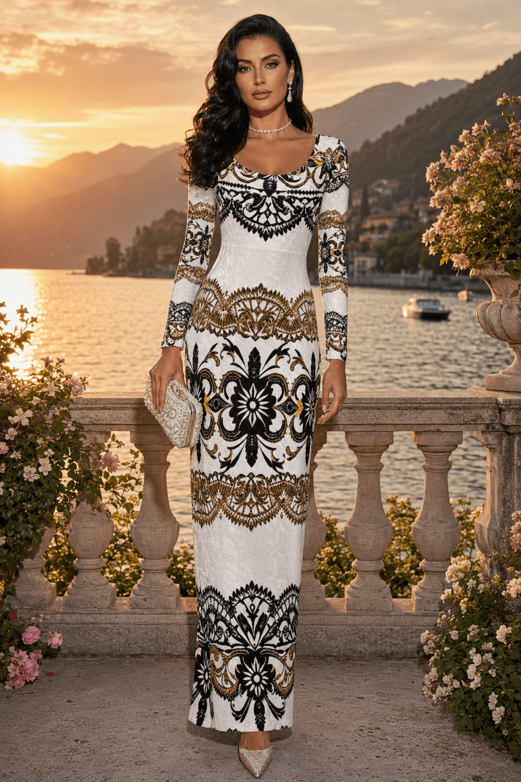 White and Black Velvet Maxi Dress Elegant Evening Outfit Stunning Long Sleeve Design