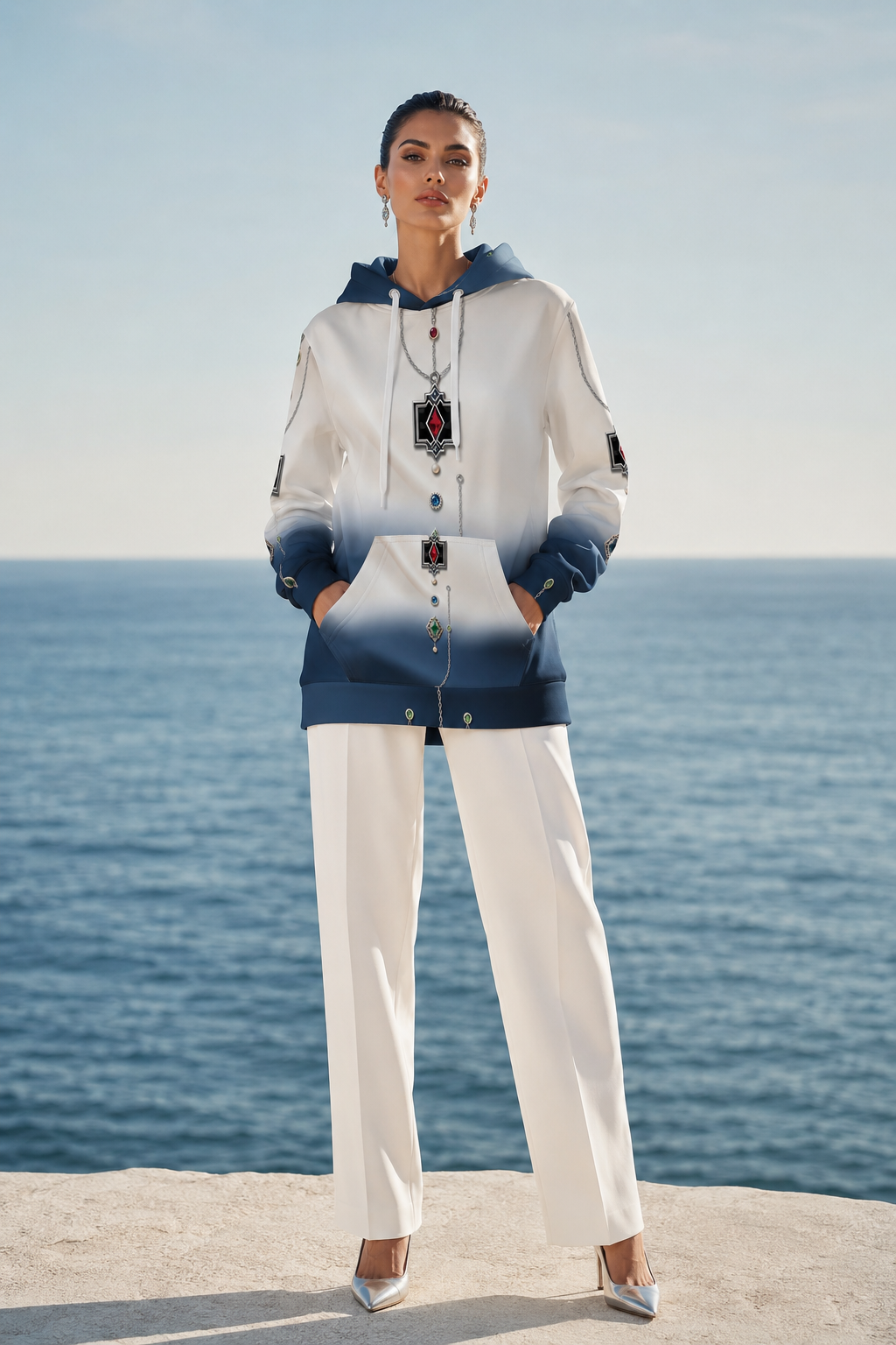 White and Ocean Blue Velvet Women's Hoodie Stylish Casual Outfit by the Sea