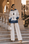 White and Ocean Blue Velvet Women's Hoodie with Stylish Patterned Design Evening Outfit
