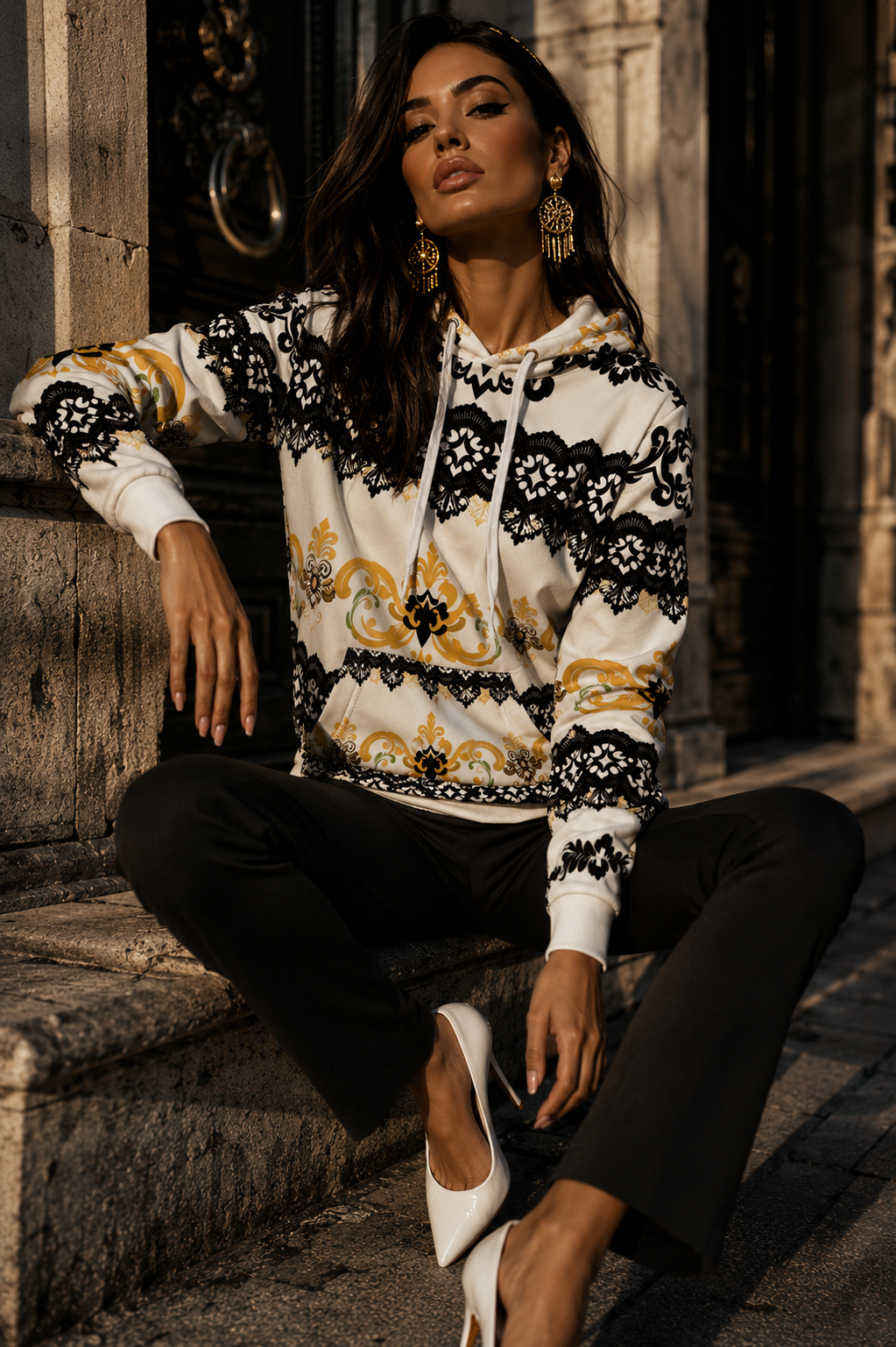 White Black Gold Lace Velvet Oversized Hoodie Elegant Evening Outfit