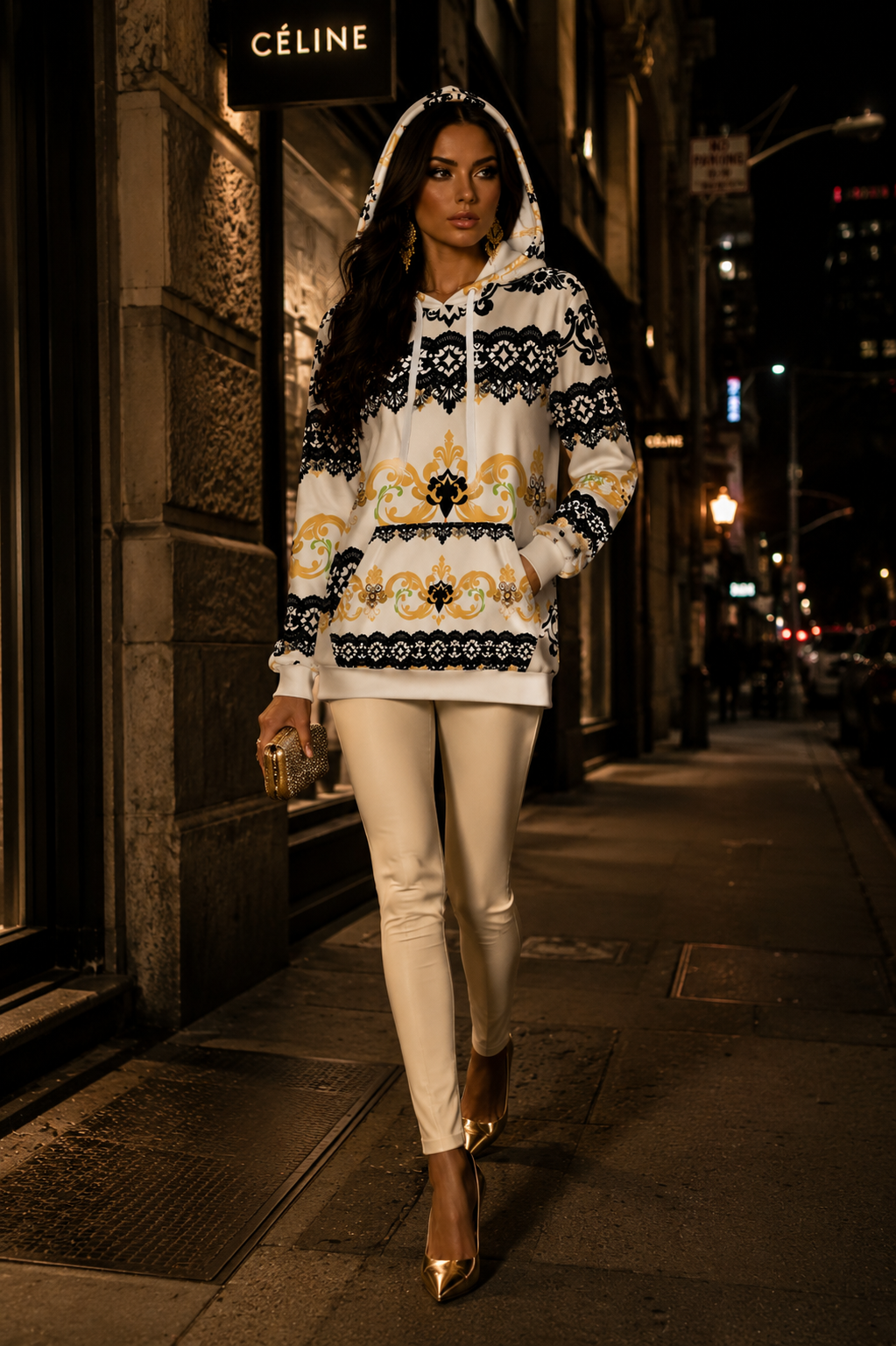 White Black Gold Lace Velvet Oversized Hoodie Stylish Evening Outfit Elegant Look