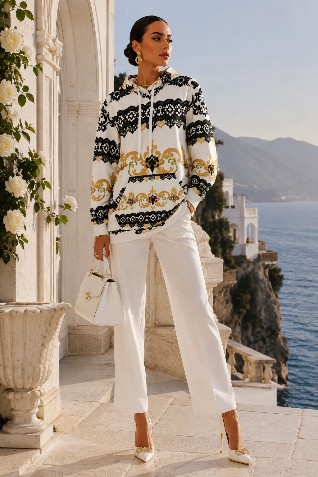 White Black Gold Lace Velvet Oversized Hoodie Elegant Evening Outfit with White Pants