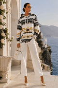 White Black Gold Lace Velvet Oversized Hoodie Elegant Evening Outfit with White Pants