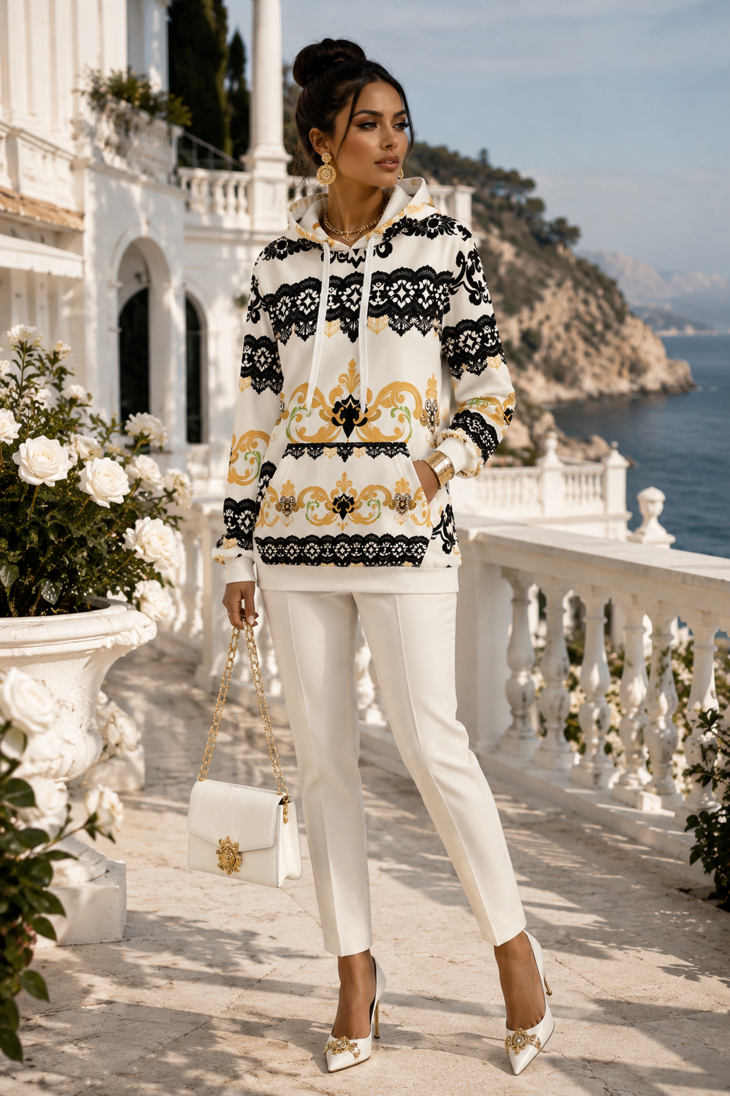 White Black Gold Lace Velvet Oversized Hoodie Stylish Outfit Elegant Evening Look