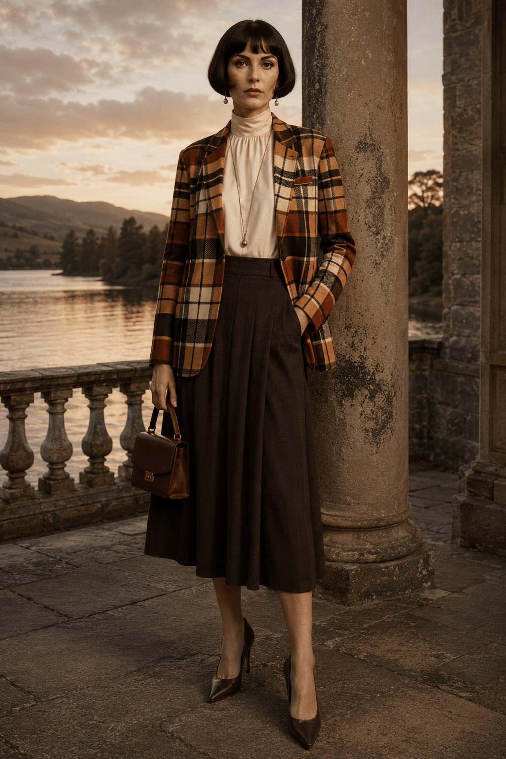 Women’s warm brown tartan blazer styled in an elegant fall fashion 2026 look with tailored trousers and refined accessories, photographed in a luxury English country estate setting with a polished heritage-inspired aesthetic.