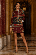 Women’s Burgundy Gold velvet dress Elegant Evening Outfit with Floral Patterns