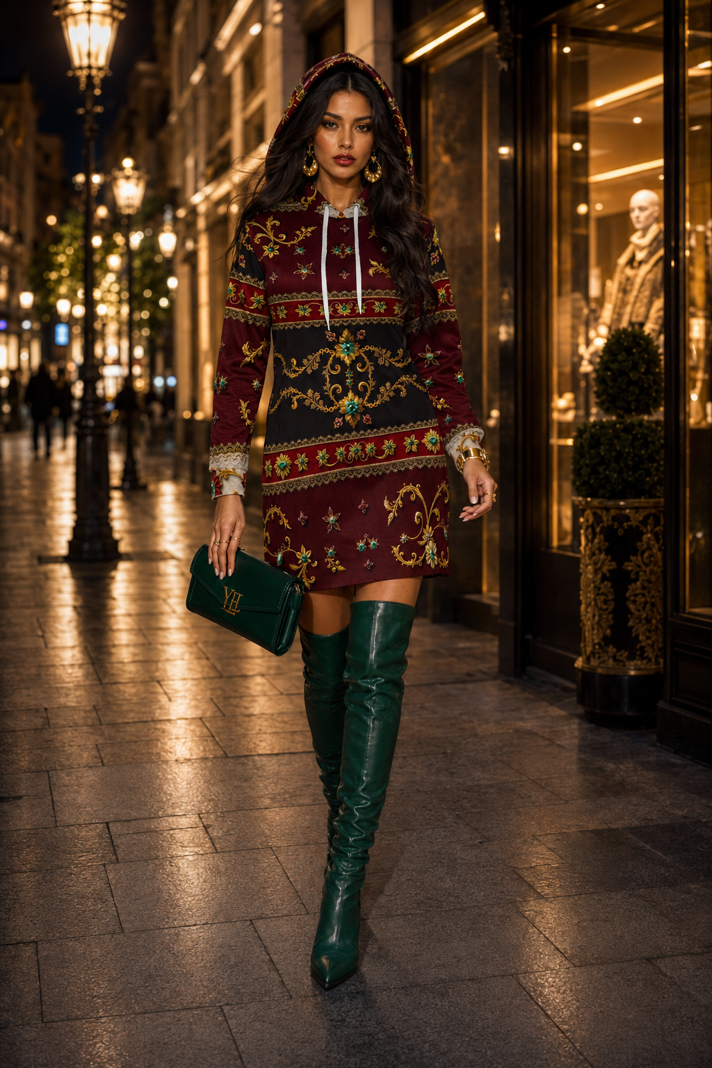 Women’s Burgundy Gold velvet dress elegant evening outfit with hooded design and long sleeves